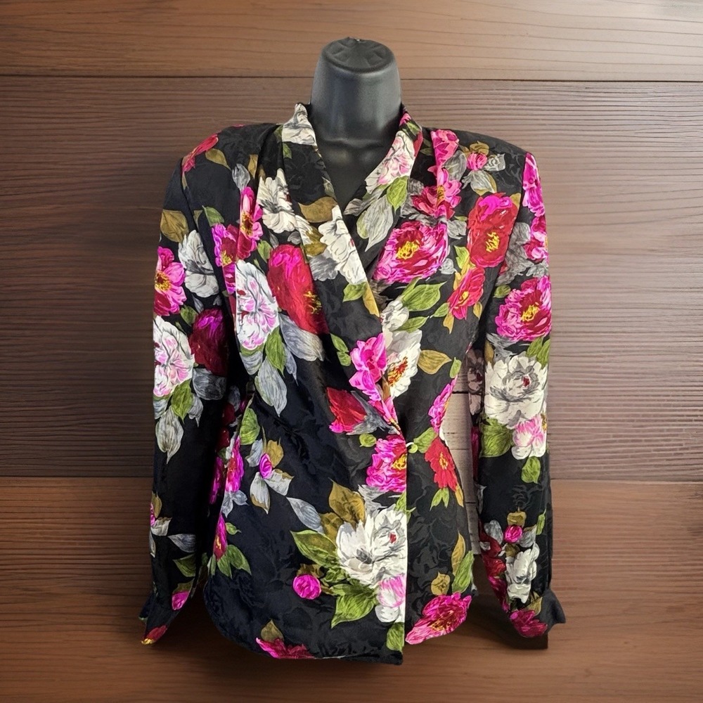 Vintage 100% Silk Wrap Top S Long Sleeve Black Bright Floral Whimsical Statement